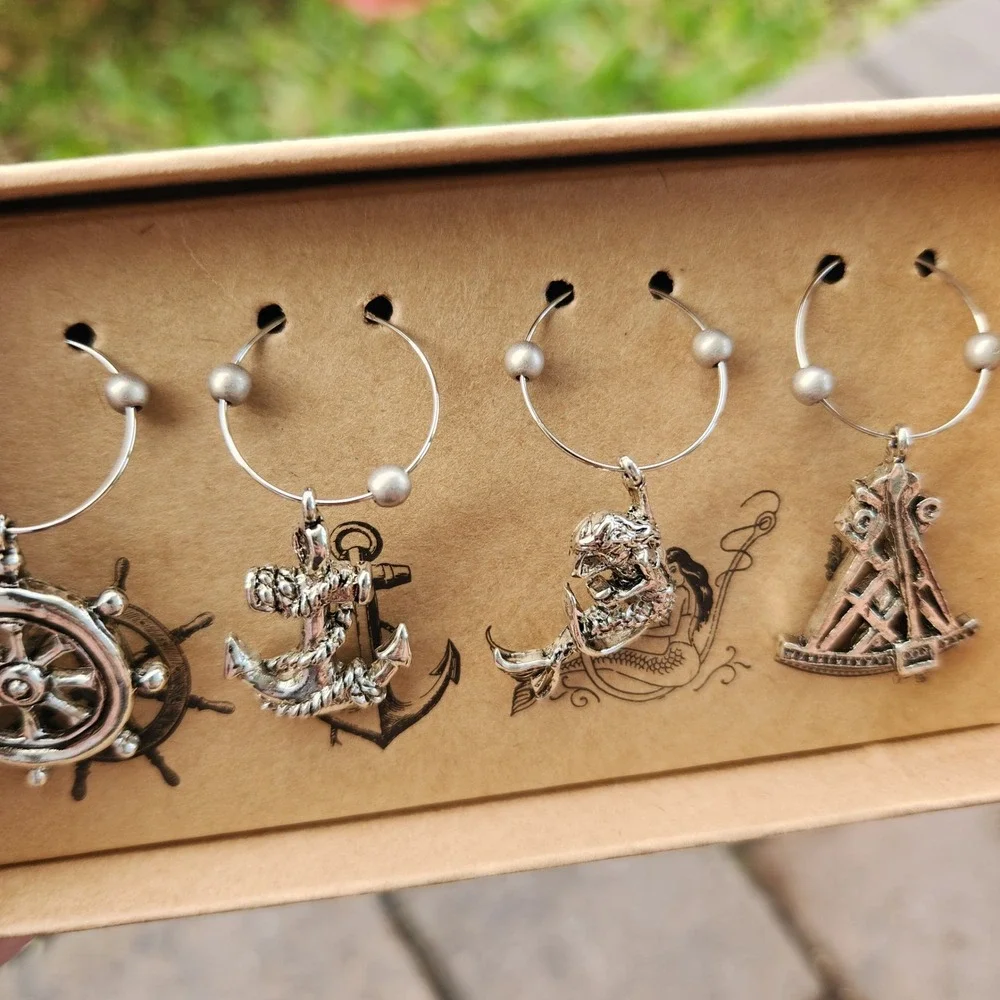 NEW Nautical Wine Glass Charms Set 4pc Silver‎ Anchor Mermaid Ship Wheel Boxed